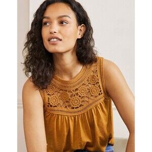 Boden Tank Womens 4 Tan Crochet Jersey Top Boho Classic Minimalist Cotton Modal